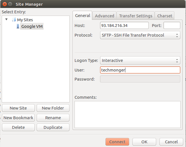 FileZilla connection settings